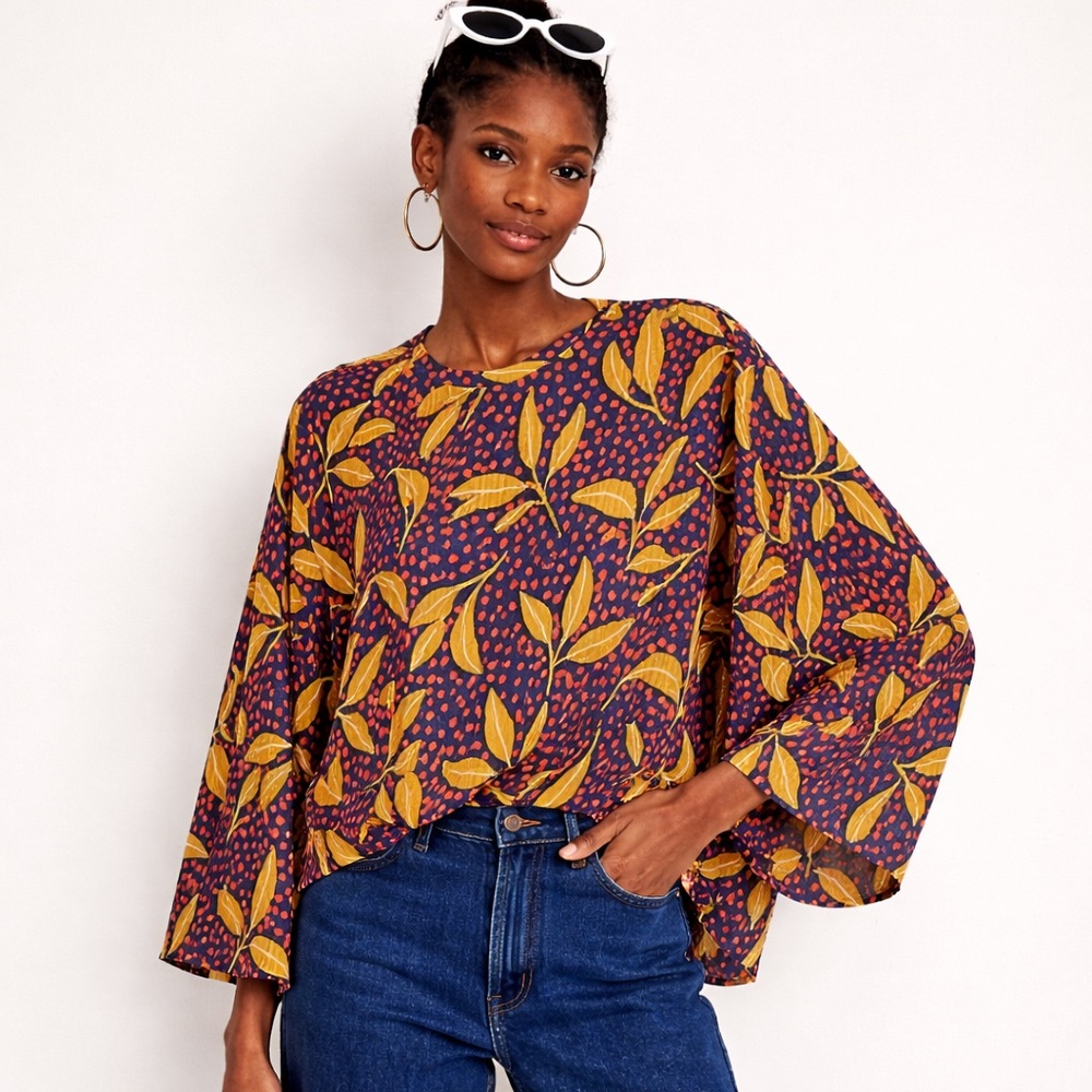 Zara Multicolored Mixed Polka Dot + Leaf Pattern Accordion Blouse Top